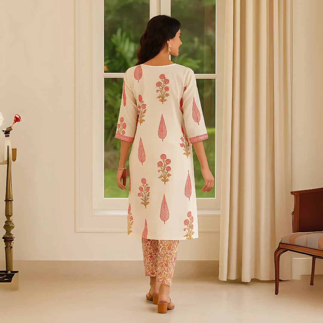 Elegant Cotton Cambric Kurti Set with Mirror Work & Silver Zari Embroidery