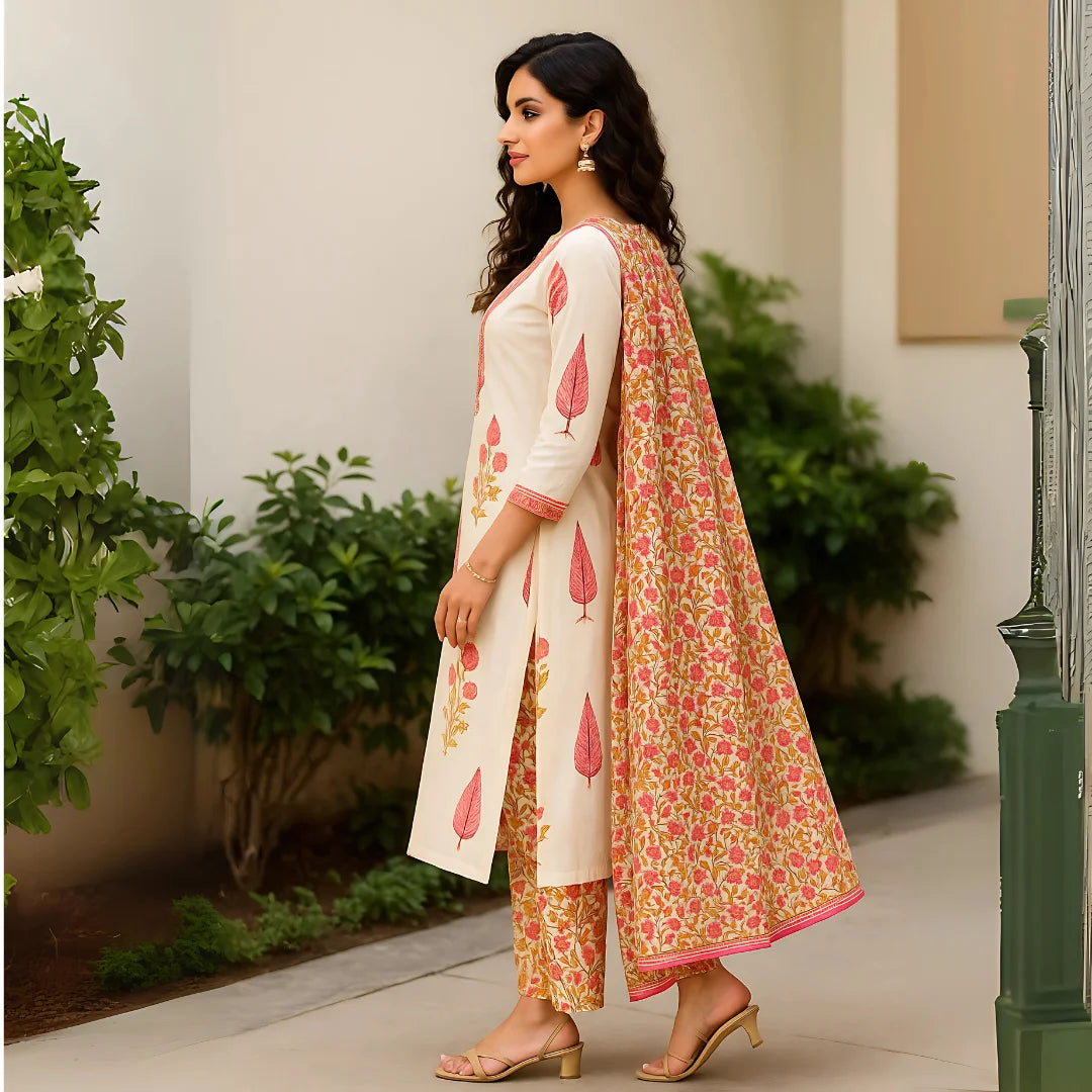 Elegant Cotton Cambric Kurti Set with Mirror Work & Silver Zari Embroidery