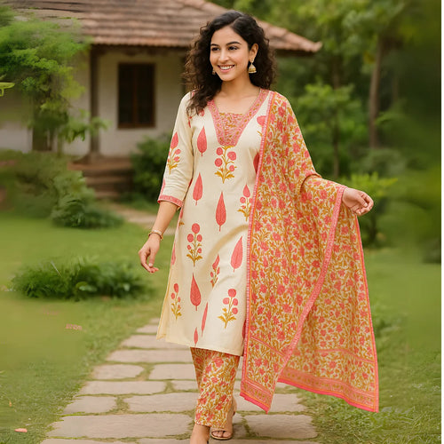 Elegant Cotton Cambric Kurti Set with Mirror Work & Silver Zari Embroidery