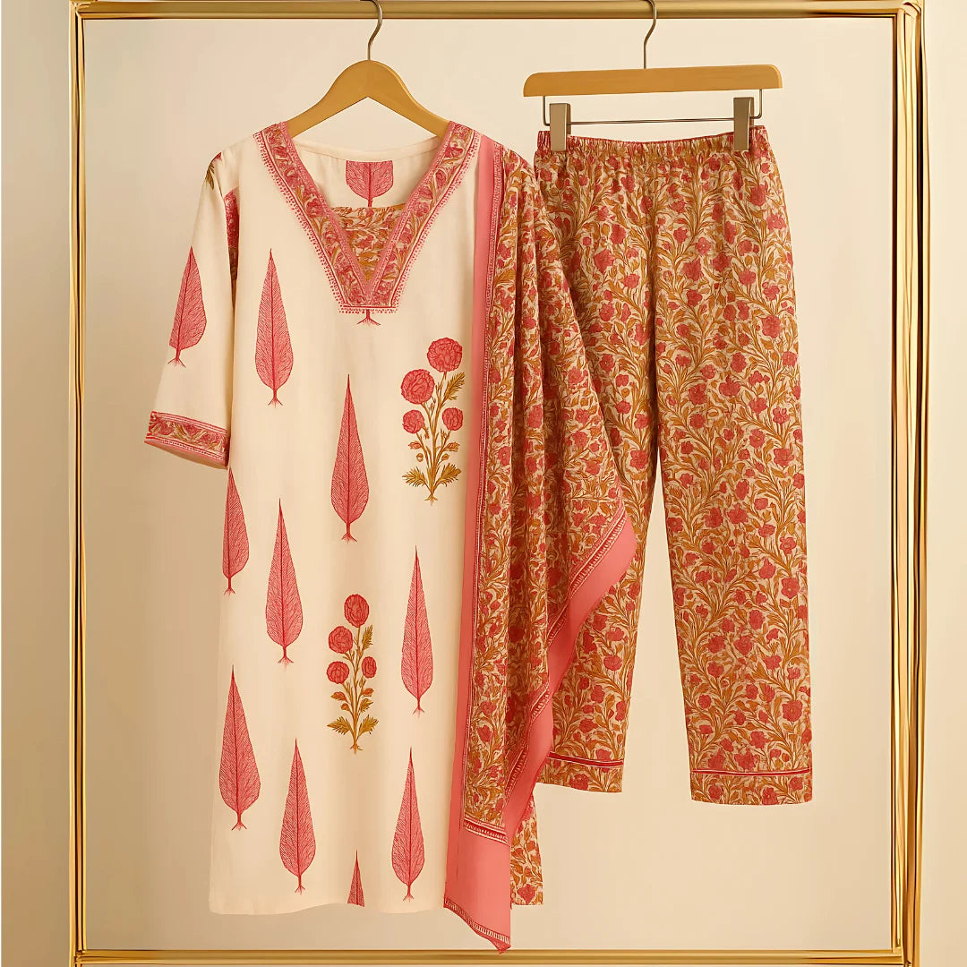 Elegant Cotton Cambric Kurti Set with Mirror Work & Silver Zari Embroidery