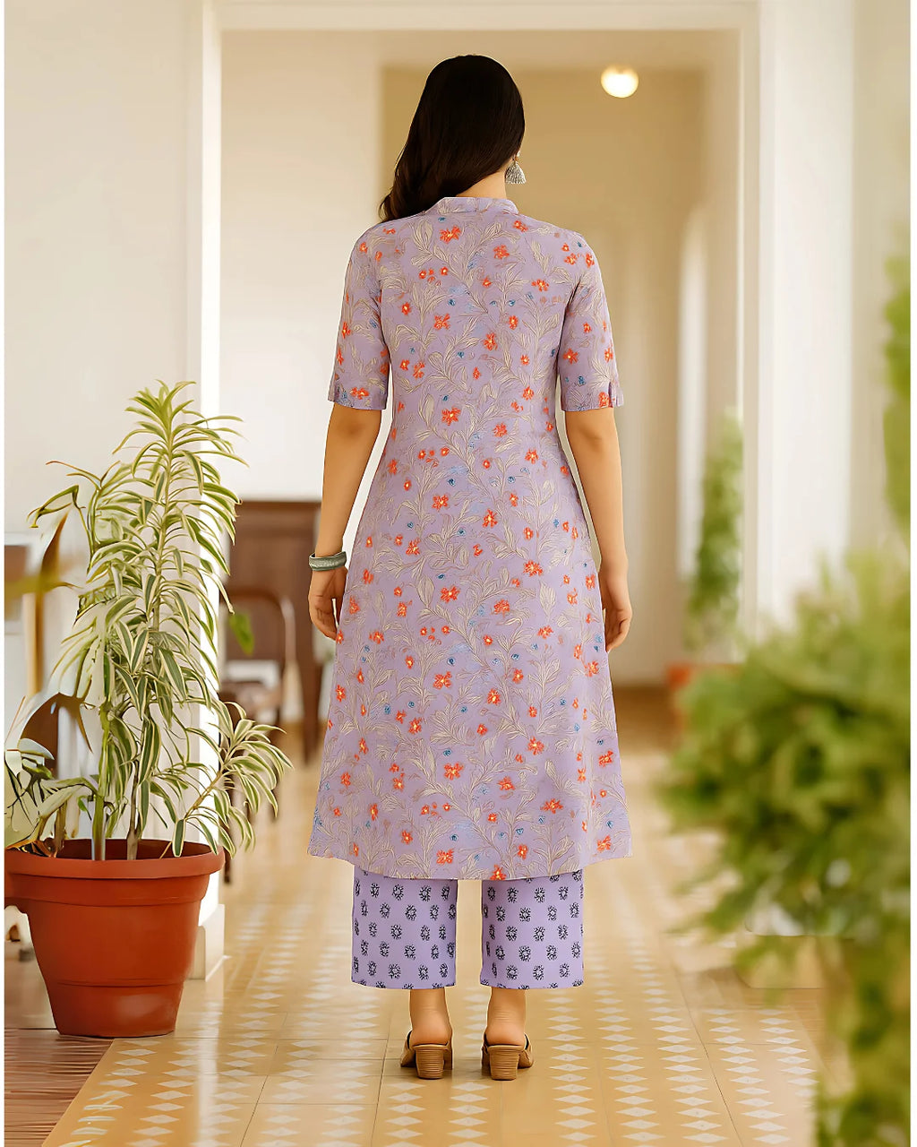 Lavender Bloom Cotton Kurti Palazzo Set – Breezy Festive Charm
