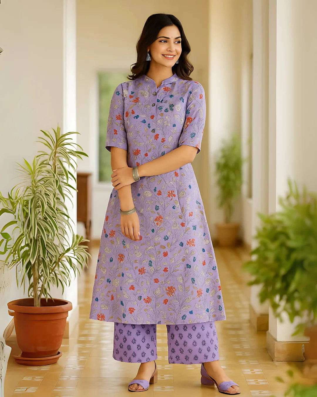 Lavender Bloom Cotton Kurti Palazzo Set – Breezy Festive Charm