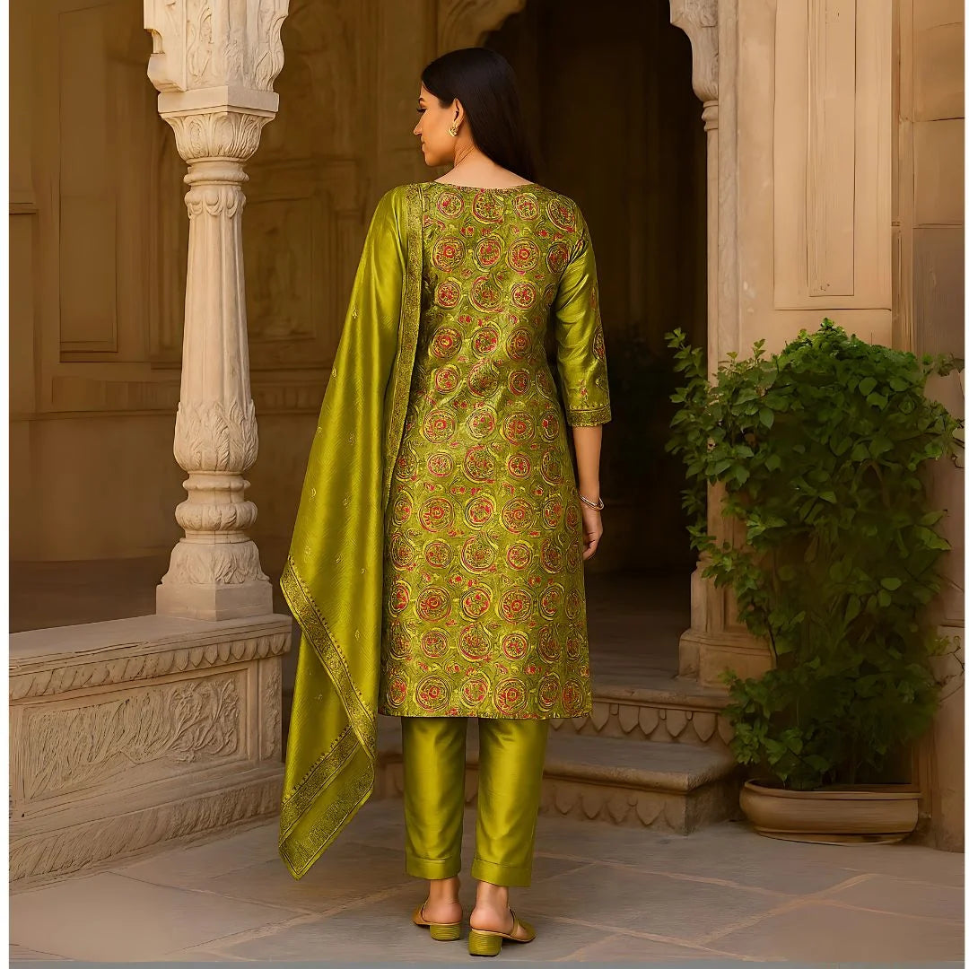 Nooré Radiance Mirror Work Silk Kurti Set – Luxe 3-Piece Festive Elegance